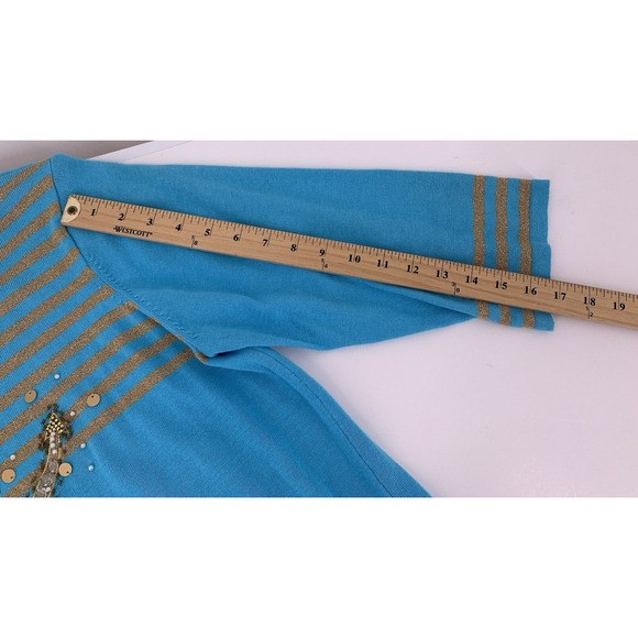 Quacker Factory Blue Gold Metallic Beaded Anchor Sweater Nautical M - Picture 8 of 10